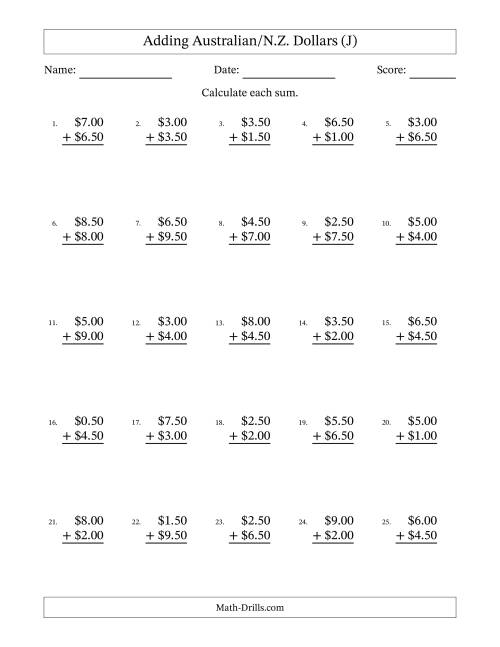 The Adding Australian/N.Z. Dollars With Amounts from 0.50 to 9.50 in Increments of Fifty Cents (J) Math Worksheet