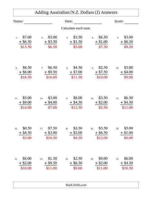 The Adding Australian/N.Z. Dollars With Amounts from 0.50 to 9.50 in Increments of Fifty Cents (J) Math Worksheet Page 2