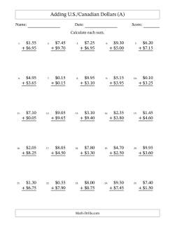 Adding U.S./Canadian Dollars With Amounts from 0.05 to 9.95 in Increments of Five Cents