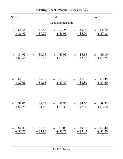 The Adding U.S./Canadian Dollars With Amounts from 0.05 to 9.95 in Increments of Five Cents (A) Math Worksheet