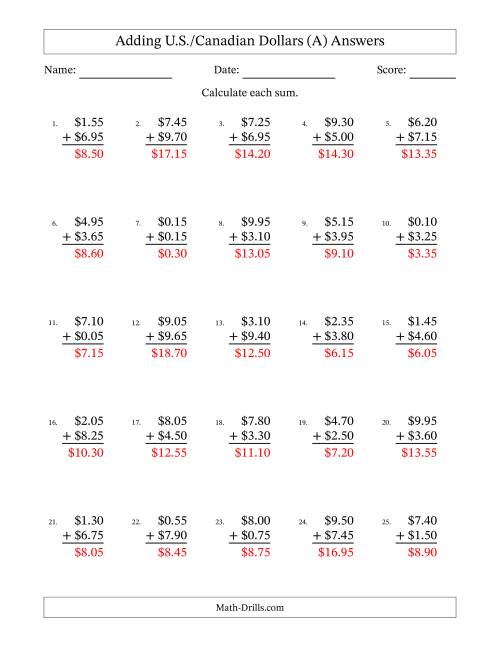 The Adding U.S./Canadian Dollars With Amounts from 0.05 to 9.95 in Increments of Five Cents (A) Math Worksheet Page 2