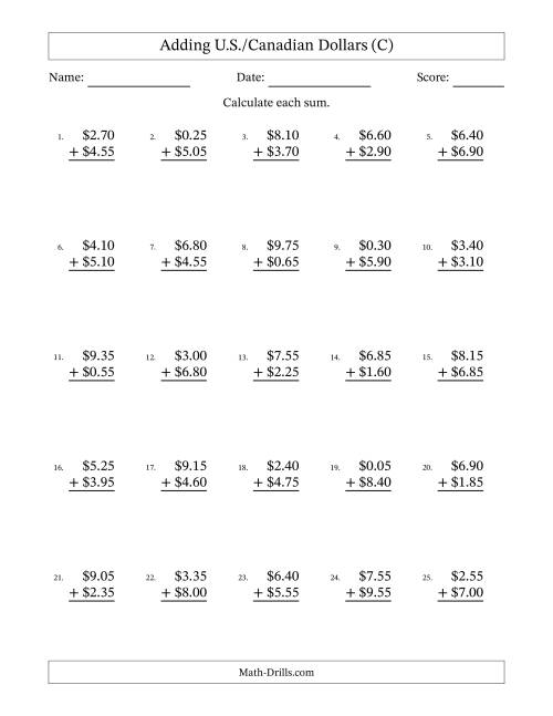 The Adding U.S./Canadian Dollars With Amounts from 0.05 to 9.95 in Increments of Five Cents (C) Math Worksheet