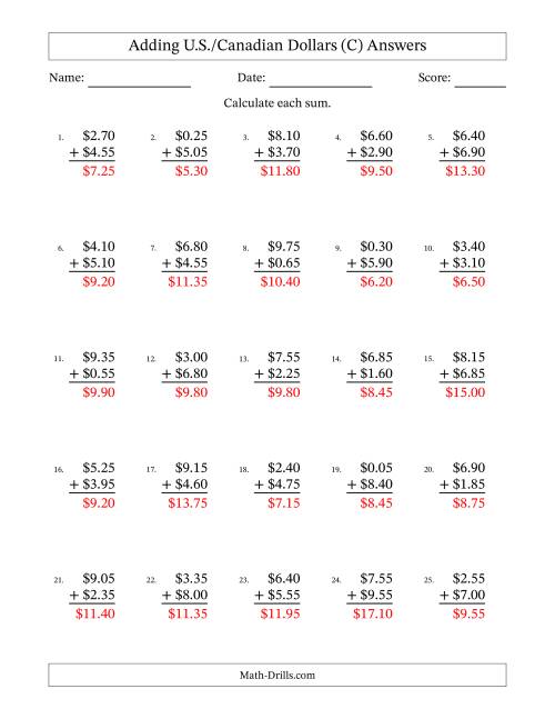 The Adding U.S./Canadian Dollars With Amounts from 0.05 to 9.95 in Increments of Five Cents (C) Math Worksheet Page 2