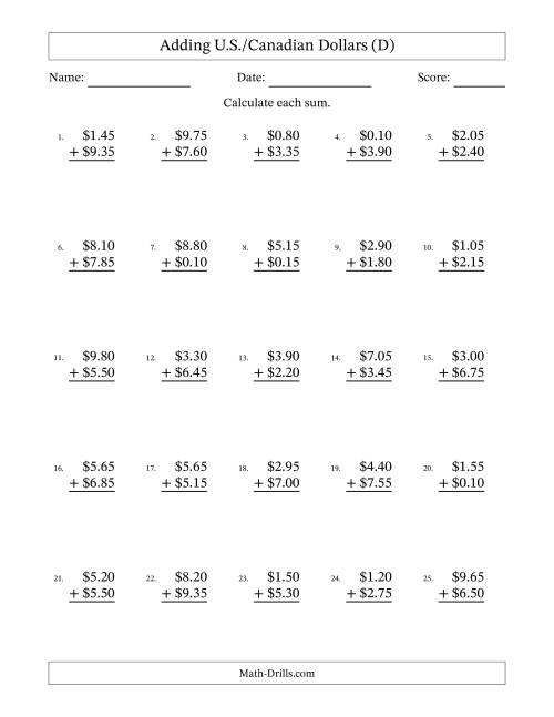 The Adding U.S./Canadian Dollars With Amounts from 0.05 to 9.95 in Increments of Five Cents (D) Math Worksheet