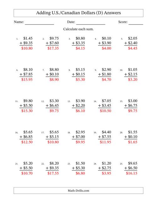 The Adding U.S./Canadian Dollars With Amounts from 0.05 to 9.95 in Increments of Five Cents (D) Math Worksheet Page 2