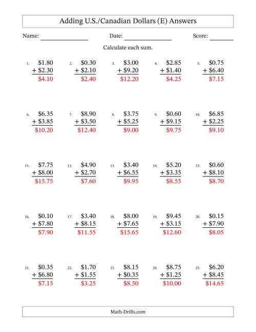 The Adding U.S./Canadian Dollars With Amounts from 0.05 to 9.95 in Increments of Five Cents (E) Math Worksheet Page 2