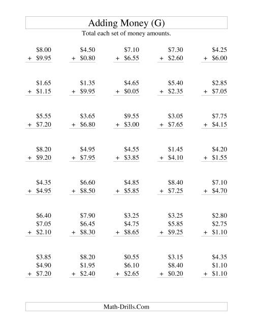 The Adding U.S. Money to $10 -- Increments of 5 Cents (G) Math Worksheet