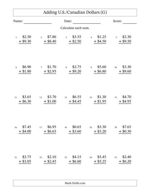 The Adding U.S./Canadian Dollars With Amounts from 0.05 to 9.95 in Increments of Five Cents (G) Math Worksheet