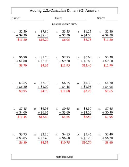 The Adding U.S./Canadian Dollars With Amounts from 0.05 to 9.95 in Increments of Five Cents (G) Math Worksheet Page 2