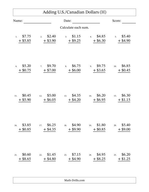 The Adding U.S./Canadian Dollars With Amounts from 0.05 to 9.95 in Increments of Five Cents (H) Math Worksheet