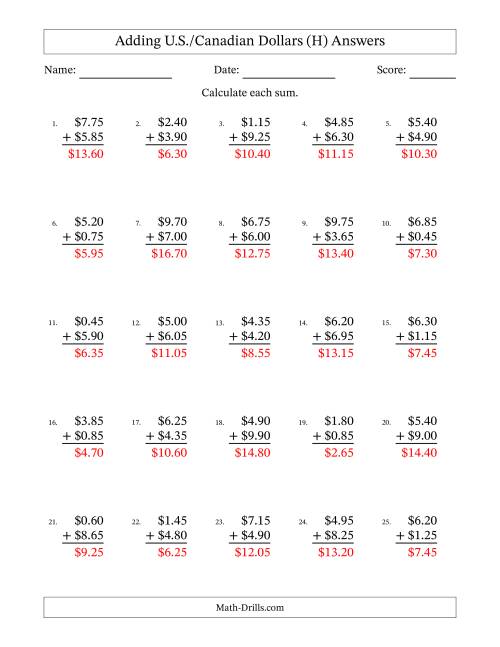 The Adding U.S./Canadian Dollars With Amounts from 0.05 to 9.95 in Increments of Five Cents (H) Math Worksheet Page 2