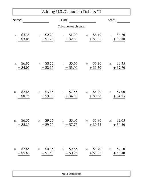 The Adding U.S./Canadian Dollars With Amounts from 0.05 to 9.95 in Increments of Five Cents (I) Math Worksheet