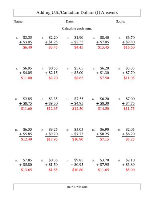 The Adding U.S./Canadian Dollars With Amounts from 0.05 to 9.95 in Increments of Five Cents (I) Math Worksheet Page 2