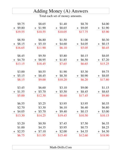 The Adding U.S. Money to $10 -- Increments of 5 Cents (All) Math Worksheet Page 2