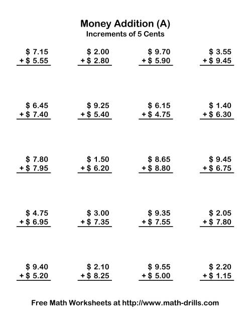 The Adding U.S. Money to $10 -- Increments of 5 Cents (Old) Math Worksheet