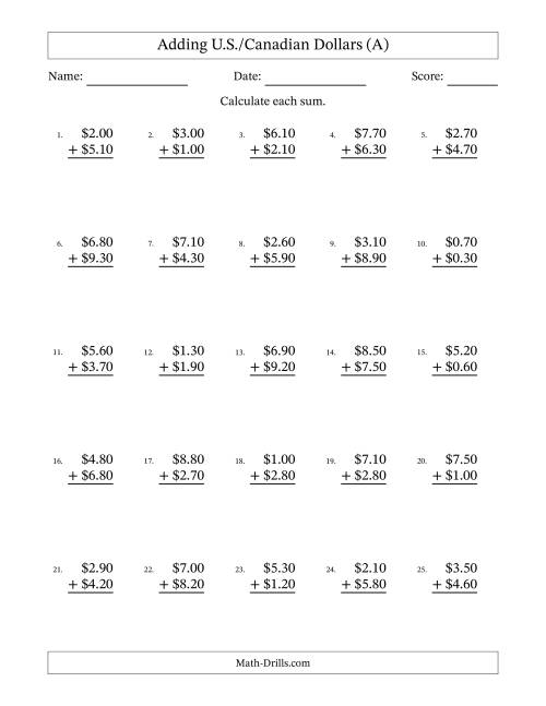 The Adding U.S./Canadian Dollars With Amounts from 0.10 to 9.90 in Increments of Ten Cents (A) Math Worksheet