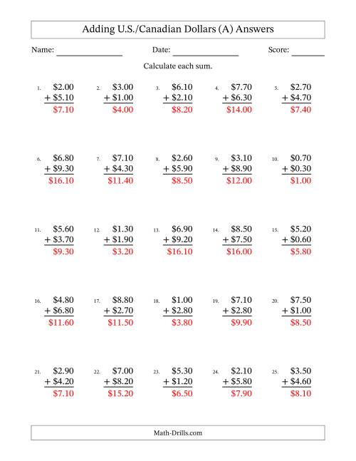 The Adding U.S./Canadian Dollars With Amounts from 0.10 to 9.90 in Increments of Ten Cents (A) Math Worksheet Page 2