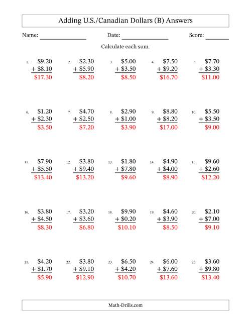 The Adding U.S./Canadian Dollars With Amounts from 0.10 to 9.90 in Increments of Ten Cents (B) Math Worksheet Page 2