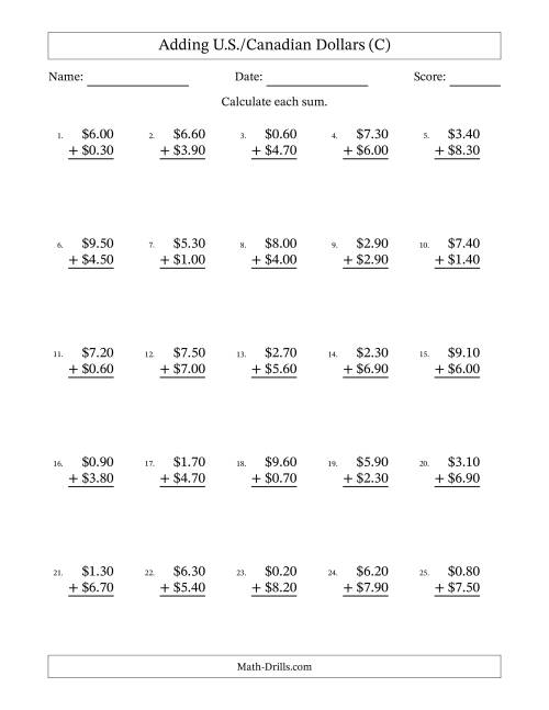 The Adding U.S./Canadian Dollars With Amounts from 0.10 to 9.90 in Increments of Ten Cents (C) Math Worksheet