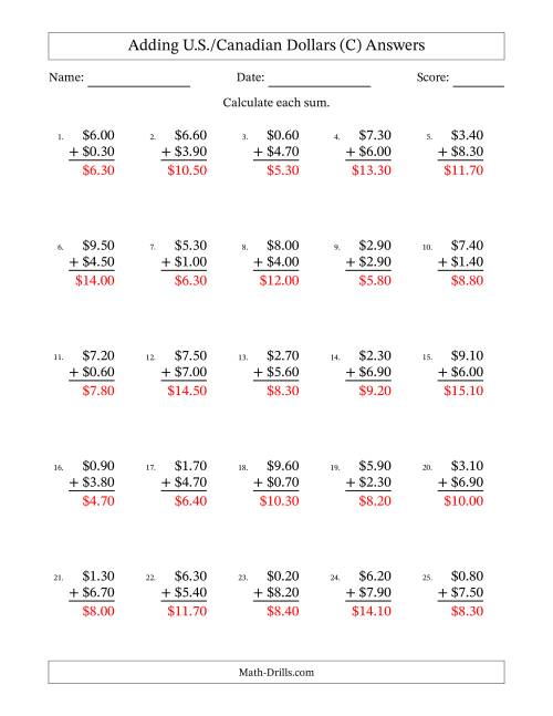 The Adding U.S./Canadian Dollars With Amounts from 0.10 to 9.90 in Increments of Ten Cents (C) Math Worksheet Page 2