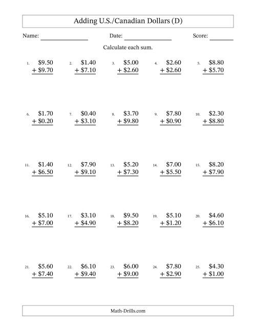 The Adding U.S./Canadian Dollars With Amounts from 0.10 to 9.90 in Increments of Ten Cents (D) Math Worksheet