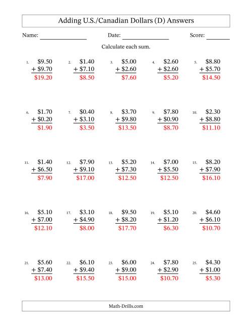 The Adding U.S./Canadian Dollars With Amounts from 0.10 to 9.90 in Increments of Ten Cents (D) Math Worksheet Page 2