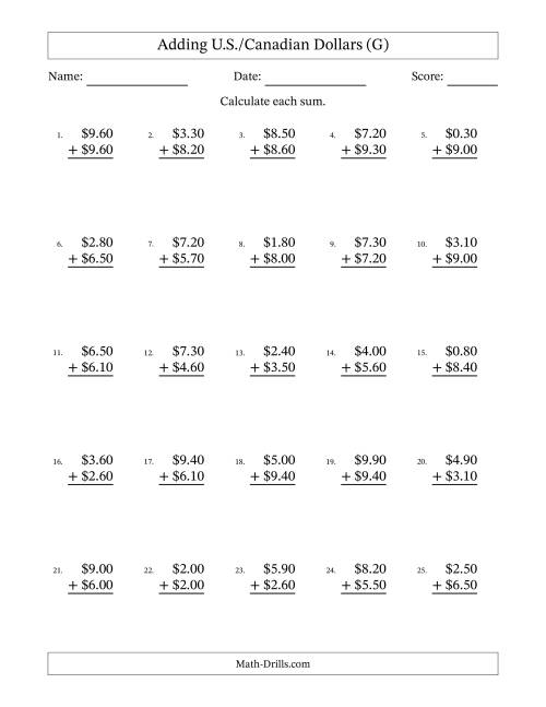 The Adding U.S./Canadian Dollars With Amounts from 0.10 to 9.90 in Increments of Ten Cents (G) Math Worksheet