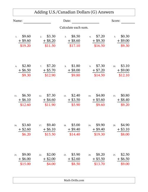 The Adding U.S./Canadian Dollars With Amounts from 0.10 to 9.90 in Increments of Ten Cents (G) Math Worksheet Page 2