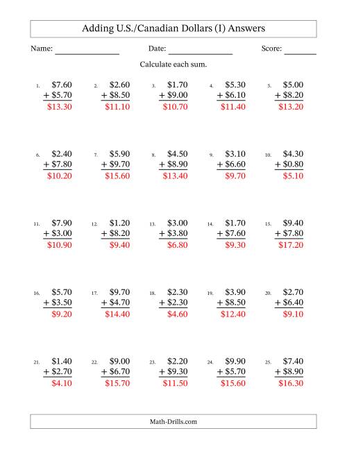 The Adding U.S./Canadian Dollars With Amounts from 0.10 to 9.90 in Increments of Ten Cents (I) Math Worksheet Page 2