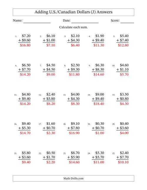 The Adding U.S./Canadian Dollars With Amounts from 0.10 to 9.90 in Increments of Ten Cents (J) Math Worksheet Page 2