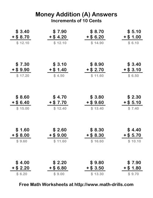 The Adding U.S. Money to $10 -- Increments of 10 Cents (Old) Math Worksheet Page 2