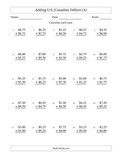 Adding U.S./Canadian Dollars With Amounts from 0.25 to 9.75 in Increments of Twenty-Five Cents