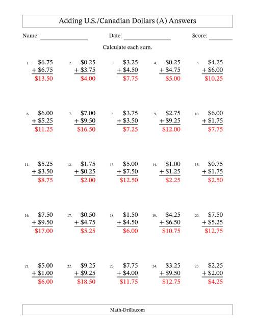 The Adding U.S./Canadian Dollars With Amounts from 0.25 to 9.75 in Increments of Twenty-Five Cents (A) Math Worksheet Page 2