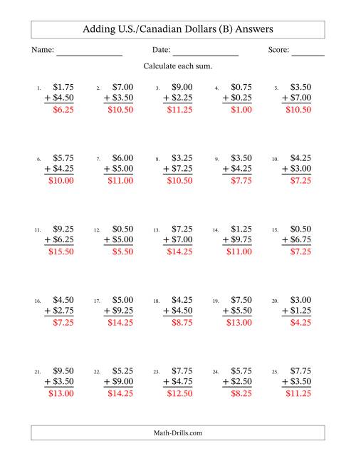 The Adding U.S./Canadian Dollars With Amounts from 0.25 to 9.75 in Increments of Twenty-Five Cents (B) Math Worksheet Page 2