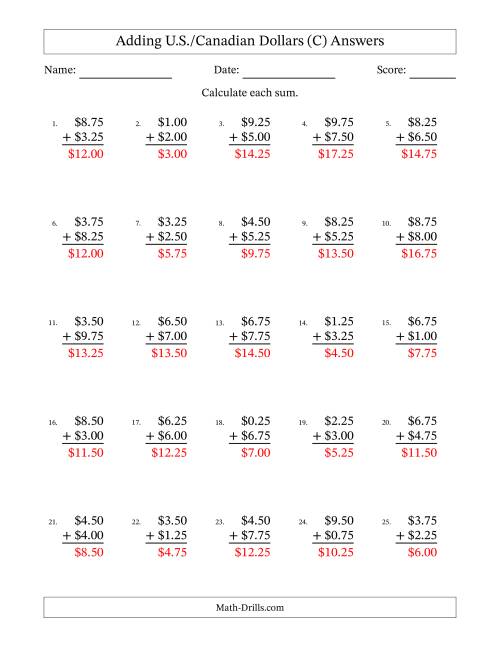 The Adding U.S./Canadian Dollars With Amounts from 0.25 to 9.75 in Increments of Twenty-Five Cents (C) Math Worksheet Page 2