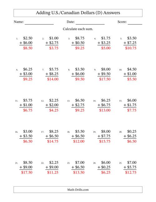 The Adding U.S./Canadian Dollars With Amounts from 0.25 to 9.75 in Increments of Twenty-Five Cents (D) Math Worksheet Page 2