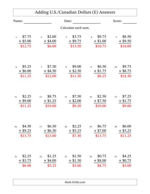 The Adding U.S./Canadian Dollars With Amounts from 0.25 to 9.75 in Increments of Twenty-Five Cents (E) Math Worksheet Page 2