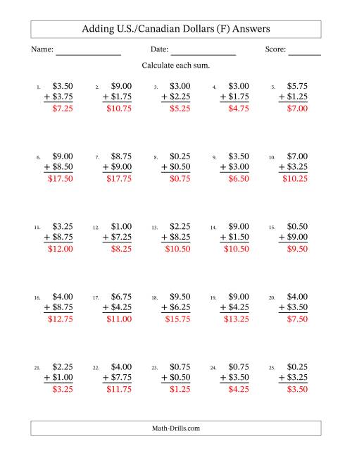 The Adding U.S./Canadian Dollars With Amounts from 0.25 to 9.75 in Increments of Twenty-Five Cents (F) Math Worksheet Page 2