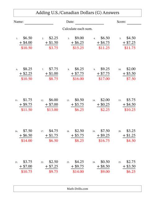 The Adding U.S./Canadian Dollars With Amounts from 0.25 to 9.75 in Increments of Twenty-Five Cents (G) Math Worksheet Page 2