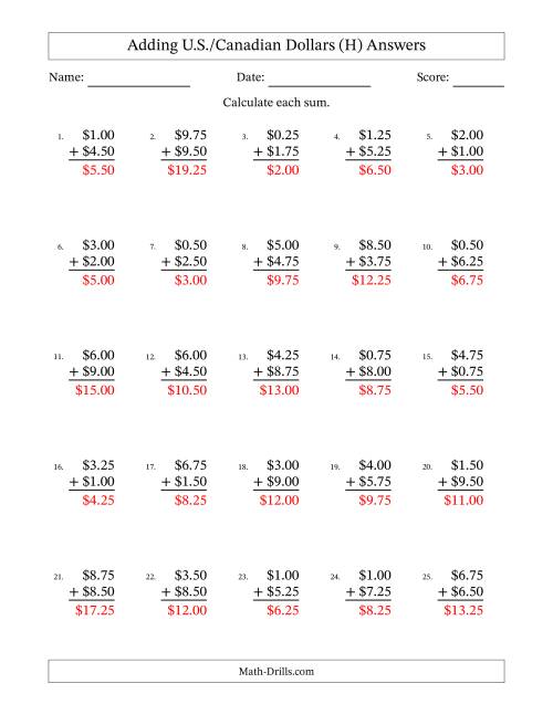 The Adding U.S./Canadian Dollars With Amounts from 0.25 to 9.75 in Increments of Twenty-Five Cents (H) Math Worksheet Page 2