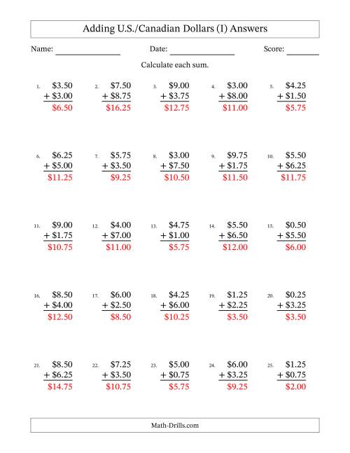 The Adding U.S./Canadian Dollars With Amounts from 0.25 to 9.75 in Increments of Twenty-Five Cents (I) Math Worksheet Page 2