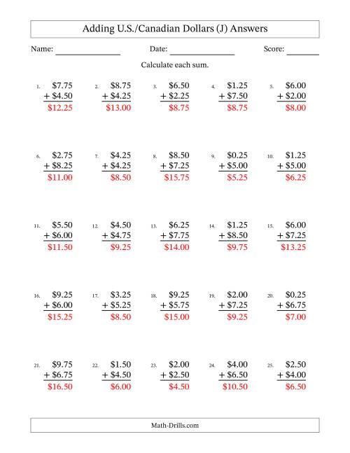 The Adding U.S./Canadian Dollars With Amounts from 0.25 to 9.75 in Increments of Twenty-Five Cents (J) Math Worksheet Page 2