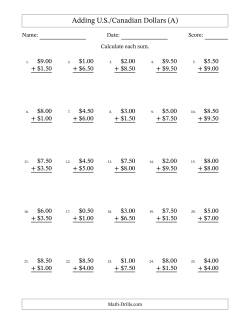 Adding U.S./Canadian Dollars With Amounts from 0.50 to 9.50 in Increments of Fifty Cents