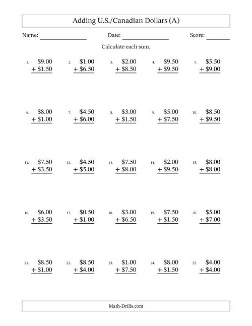 The Adding U.S./Canadian Dollars With Amounts from 0.50 to 9.50 in Increments of Fifty Cents (A) Math Worksheet