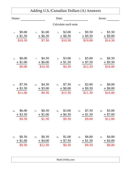 The Adding U.S./Canadian Dollars With Amounts from 0.50 to 9.50 in Increments of Fifty Cents (A) Math Worksheet Page 2