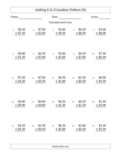 The Adding U.S./Canadian Dollars With Amounts from 0.50 to 9.50 in Increments of Fifty Cents (B) Math Worksheet