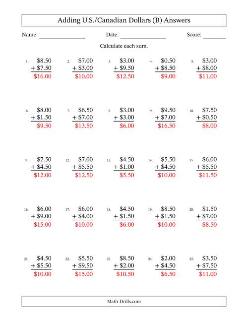 The Adding U.S./Canadian Dollars With Amounts from 0.50 to 9.50 in Increments of Fifty Cents (B) Math Worksheet Page 2