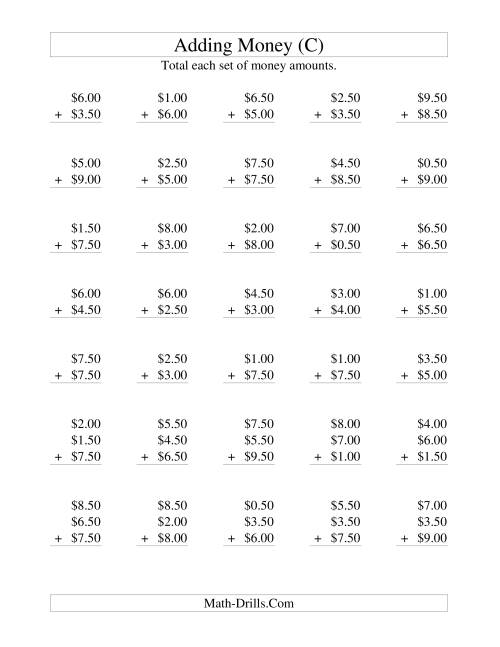 The Adding U.S. Money to $10 -- Increments of 50 Cents (C) Math Worksheet