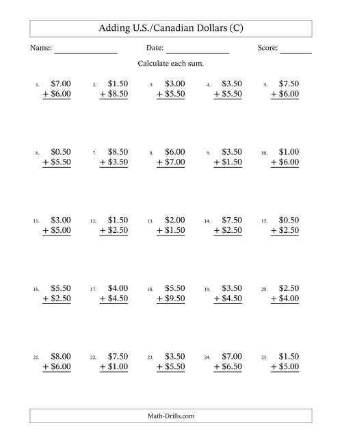 The Adding U.S./Canadian Dollars With Amounts from 0.50 to 9.50 in Increments of Fifty Cents (C) Math Worksheet