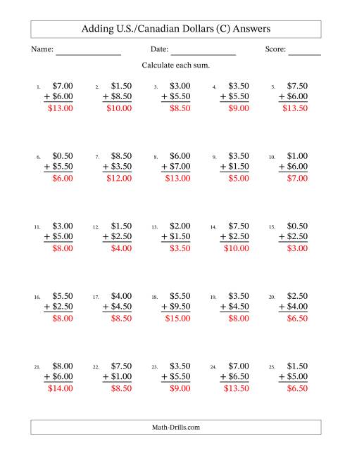 The Adding U.S./Canadian Dollars With Amounts from 0.50 to 9.50 in Increments of Fifty Cents (C) Math Worksheet Page 2